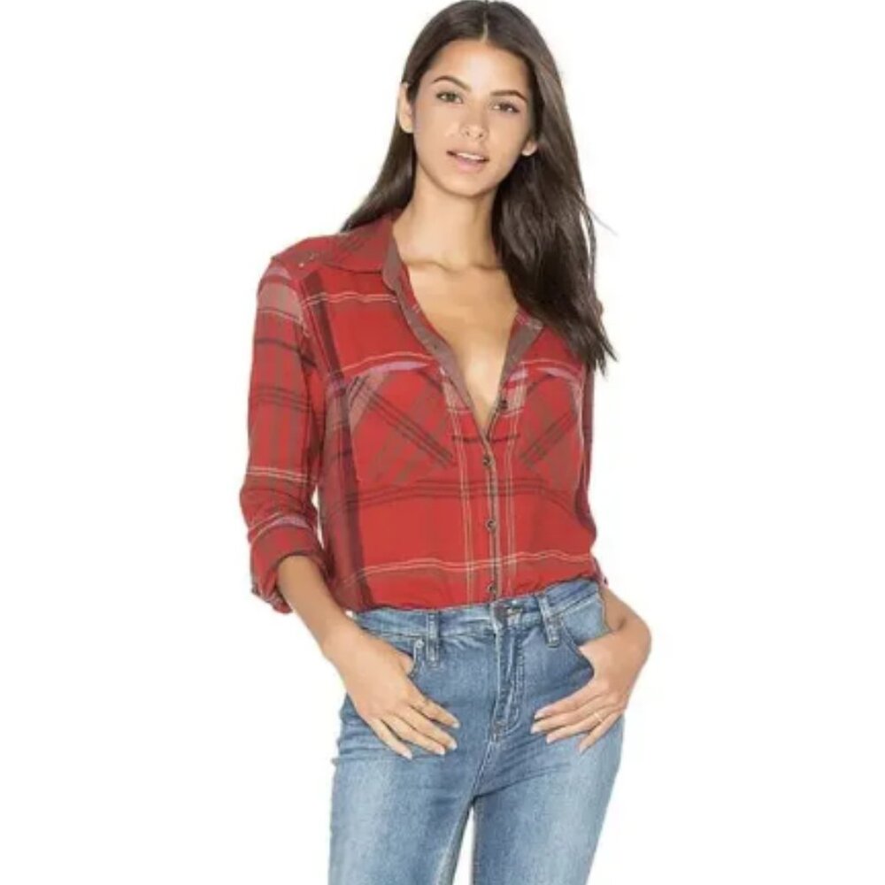 Free People Red Wesley Plaid Button Up top